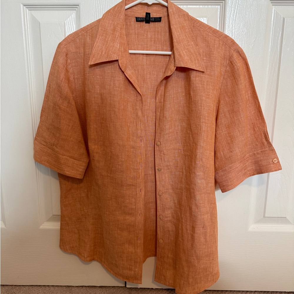 Lafayette 148 New York Short Sleeve  Orange Linen Shirt